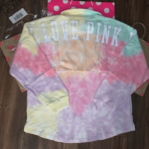 NEW VS PINK Pastel Tie Dye Quarter Zip Logo Varsity Sweatshirt. - Picture 7 of 11